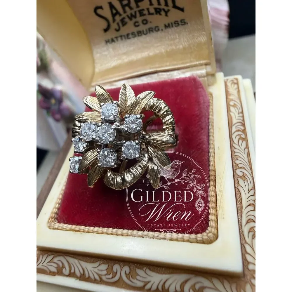 Vintage 1950s–1960s Hollywood Regency Diamond Cocktail Ring | Solid Gold